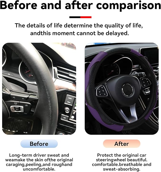 Car Steering Wheel Cover, 15 inch Carbon Fiber Microfiber PU Leather Elastic Steering Wheel Protector for Men Women, Anti-Slip Breathable Car Interior Accessories for Most Cars (Purple)