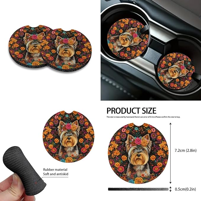 Yorkshire Terrier Print Car Interior Accessories Sets, Flower Print Front Seat Covers and Rear Split Bench Seat Cover, Steering Wheel Protector, Universal Fits for Most Cars SUV Truck Sedan