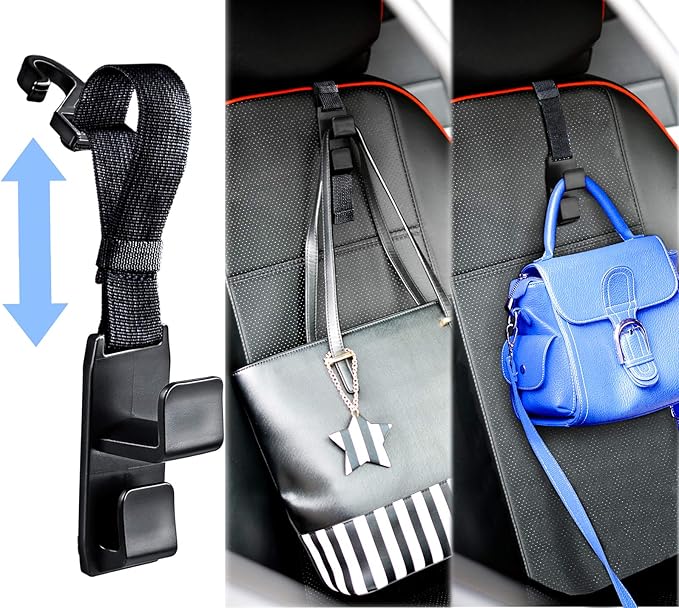 Heroway Adjustable Headrest Hooks for Car, Purse Hanger Headrest Hook Holder for Car Seat Organizer Hook for Purse or Grocery Bags,2 Pack, Black