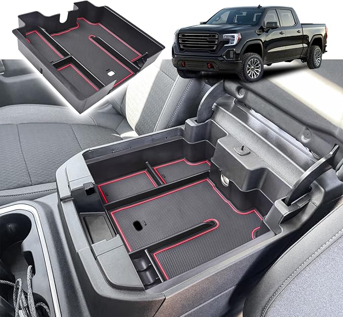 RUNROAD Center Console Organizer Tray Compatible with 2019-2022 Chevy Silverado 1500/GMC Sierra 1500 and 20-23 Silverado/Sierra 2500HD/3500HD Accessories, Full Console with Bucket Seats ONLY, Red