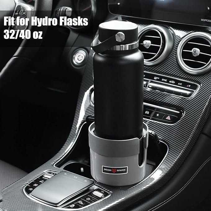 Seven Sparta Car Cup Holder Expander Organizer with Adjustable Base, Compatible with Hydro Flasks 32/40 Ounce, Compatible with Yeti Ramblers 20/26/30 Ounce, Other Bottles in 3.4"-3.8" (Gray)