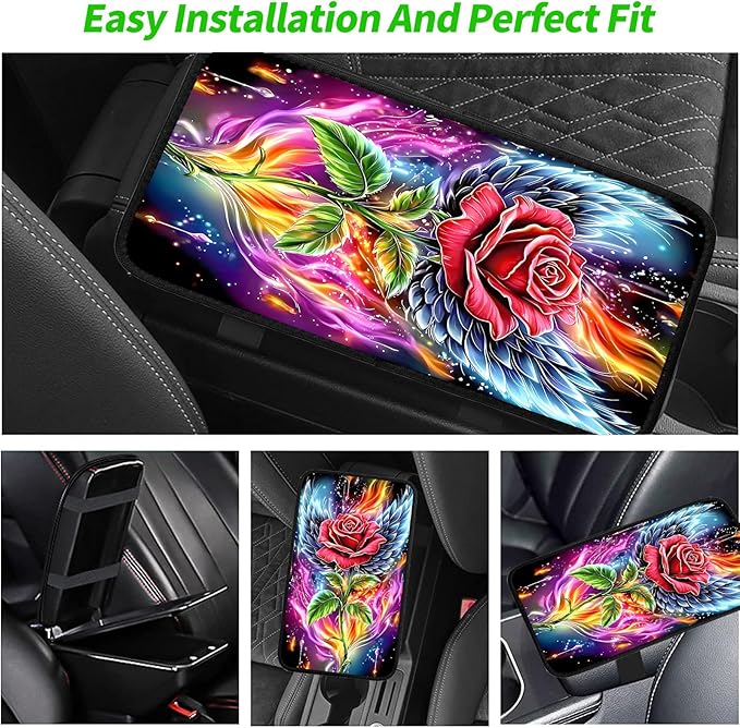 JANENFNA Car Armrest Cover Pads Universal Fashion Cute Auto Center Console Armrest Cover Pad with 2PCS Car Coasters Soft Waterproof Car Armrest Seat Protector for Women,Winged Rose