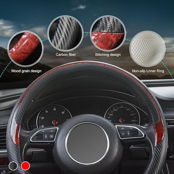 Xizopucy Wood Grain Steering Wheel Cover Red Universal Microfiber Leather, Suitable for 14 1/2-15 inch Comfortable Anti-Slip, Good Breathable and Odorless Car Steering Wheel Cover…