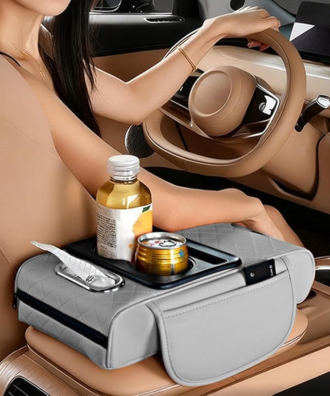 Car Armrest Storage Box,Car Accessories Console Organizers and Storage,Universal Waterproof Leather Console Cover with Cup Holder and Phone Holder,Suitable for Most Cars (Embroidered, Gray)