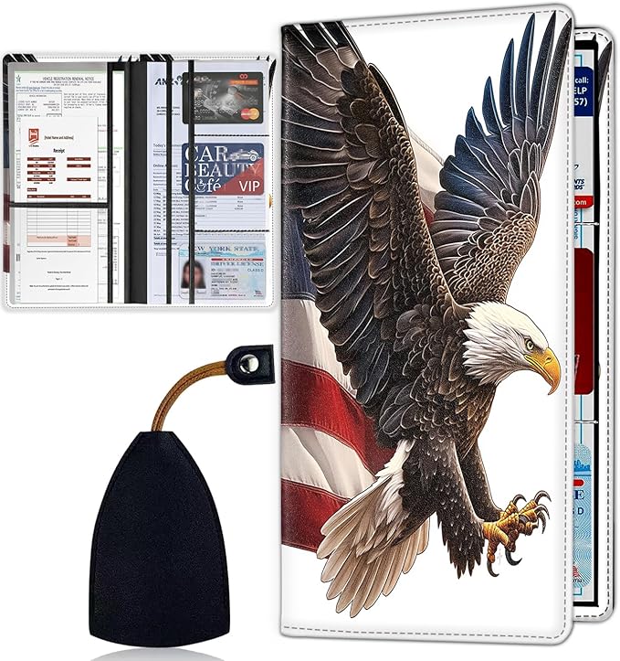 Car Registration Holder, Waterproof PU Leather Vehicle Card Document Glove Box Organizer, Women Interior Auto Accessories Case for Cards, Driver License Car Insurance Holder, American Flag Bald Eagle