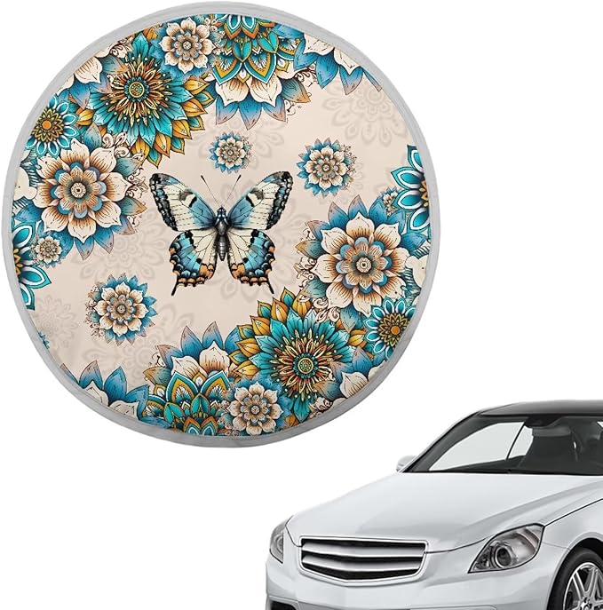Washable Steering Wheel Sunshade Cover Bohemian Flower Butterfly Pattern Cooling Steering Wheel Sun Block 17"x17" Steering Wheel Covers Universal Fit Truck Van Car SUV