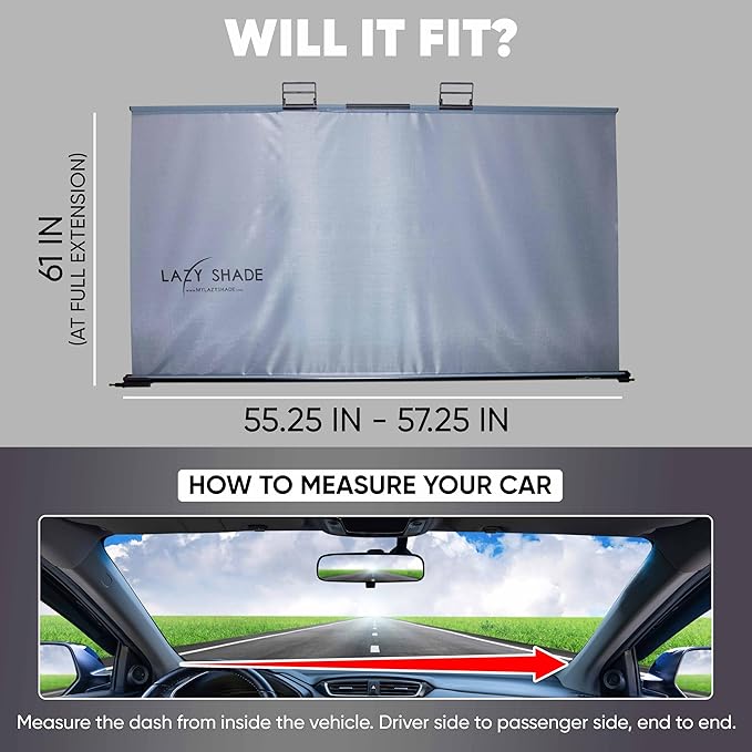 Lazy Shade Retractable Windshield Sun Shade, Small (Fits 55.25" - 57.25" Dash Width) – Semi-Permanent Front Window Visor Blocks UV & Heat, Airbag Safe Auto Sunshade