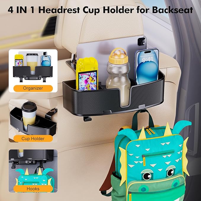 Car Headrest Cup Holder for Back Seat Organizer for Multi-Hanging Snack Storage Box with Strong Hooks for Kids and Backseat Passengers Share Rid for Travel Accessories（2-Pack）