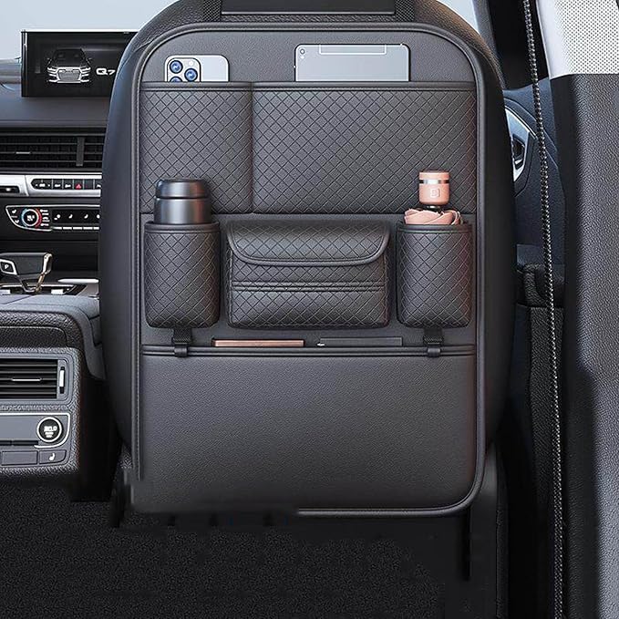 Car Seat Back Storage Bag for Ram ProMaster 2015-2025 2026 Back Seat Organizer with Cup Holder Tissue Box Kick Mat Protector Interior Accessories,portabotellas Doble con diseño de rombos