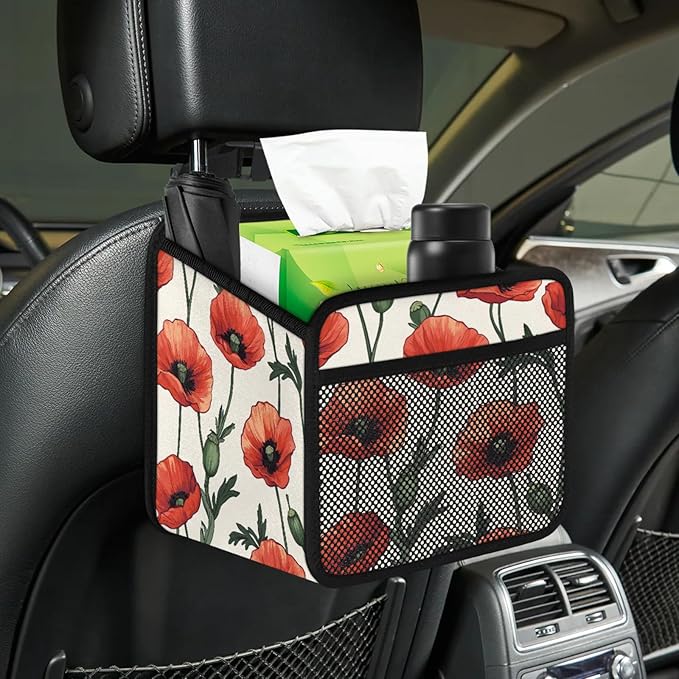 Flowers Poppies Car Backseat Organizer PU Leather Red Floral Truck Back Seat Trash Bag Universal Hanging Storage Box Travel Accessories Foldable