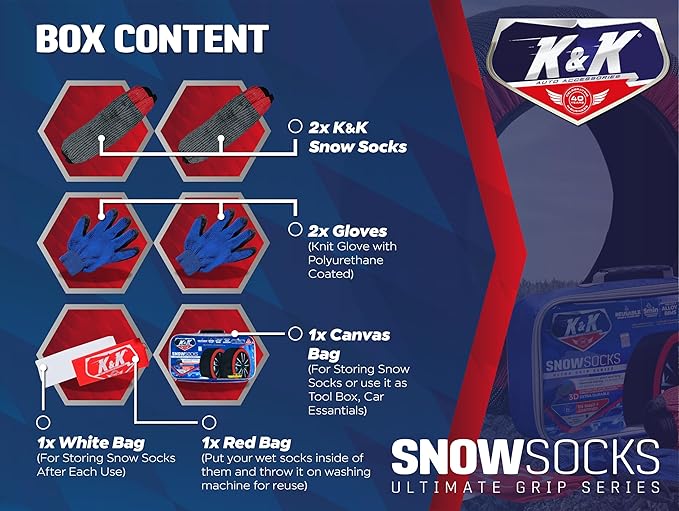 K&K Auto Snow Socks for Tires – Pro Series for Ultimate Grip Approved Snow Chain Alternative Traction Device – Tire Sock for Car SUV Sedan Coupe – Winter Travel Accessory Emergency Kit – Large (2pcs)