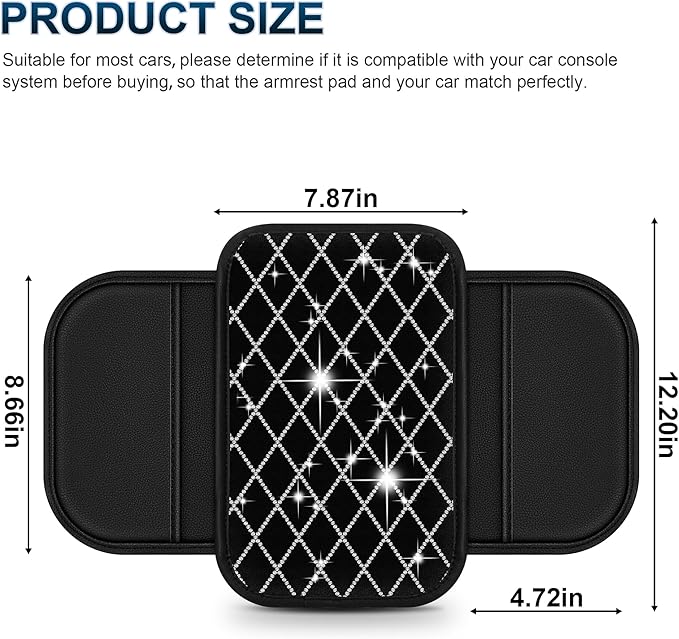 Center Console Cover Fit for XT6: Upgraded Bling Diamond Car Armrest Cover - Crystal Rhinestone Car Center Console Cover with 2 Storage Bags,Anti-Scratch Auto Armrest Pad Accessory （Black