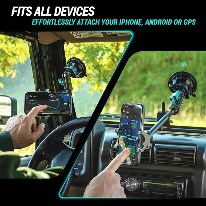 CARMOUNT TitanX100 Long – Truck Phone Mount – Heavy Duty Metal Phone Holder, Suction Cup Phone Mount for Car, Windshield Mount Cell Phone Holder for iPhone, Android, GPS & All Devices