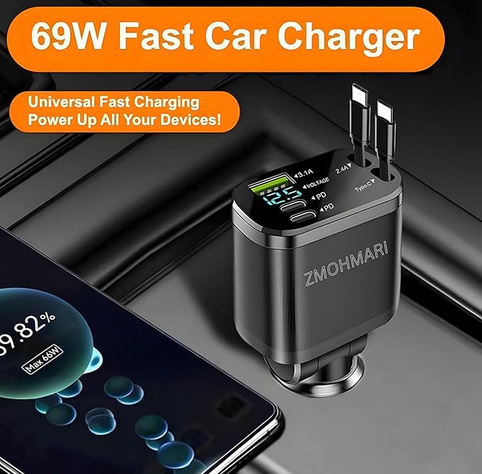 69W Fast Car Charger, 5-in-1 Retractable USB-C & Lightning Charging Cables, PD USB-C + USB-A Ports, Digital Voltage Display, Universal Multi-Device Car Charger