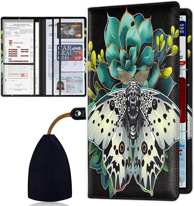 Car Registration and Insurance Card Holder for Women Men, Waterproof PU Leather Glove Box Car Organizer with Magnetic Shut, Vehicle Document Holder for Driver License,Cards, Leopard Moth Pattern