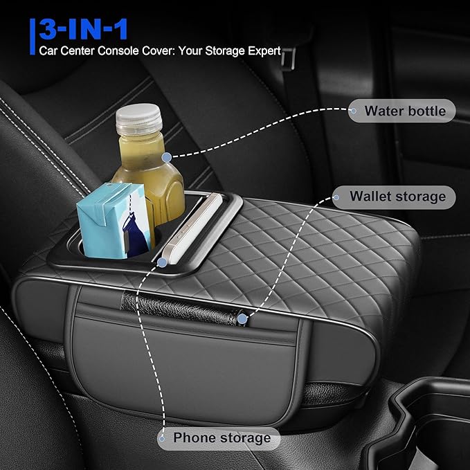 Center Console Cover Leather Armrest Cover Fit for Nissan Sentra 2020-2025 Middle Console Cushion with Storage Box&Cup Holder & Phone Slot(Gray)