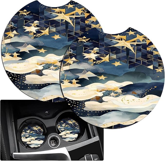 JANENFNA Car Armrest Cover Pads Universal Fashion Cute Auto Center Console Armrest Cover Pad with 2PCS Car Coasters Soft Waterproof Car Armrest Seat Protector for Women,Stars and Clouds