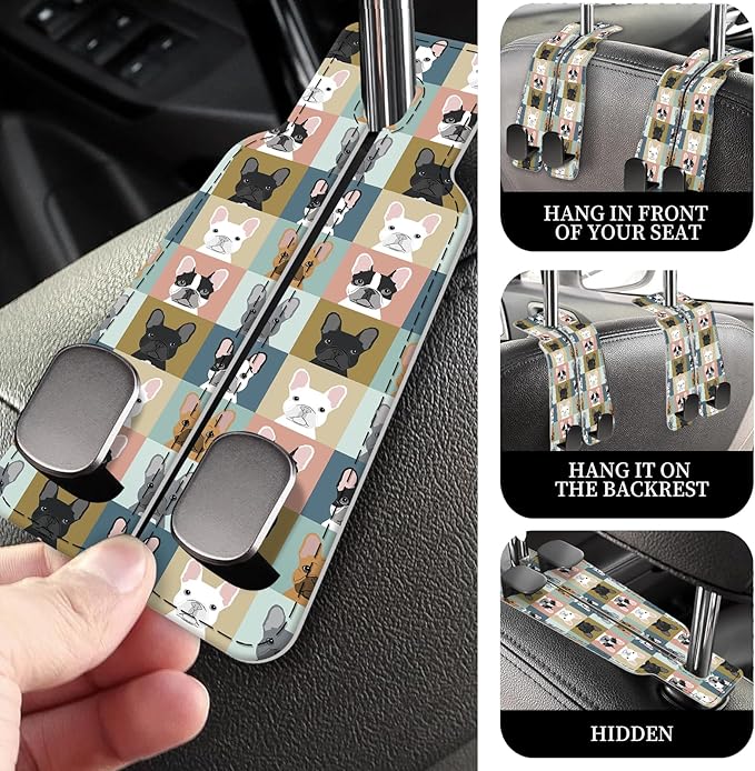 AXRQLSU PU Leather Car Seat Hook, Storage Headrest Hanger, Cute Car Backseat Organizer, Car Hooks for Purses and Bags Dog Faces