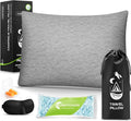 CushyOasis All-in-1 Camping Pillow Set - Shredded Memory Foam Small Travel Neck Pillow for Sleeping with Eye Mask, Earplugs & Washable Cover, Compact for Backpacking, Hiking, Airplane, Car, M Size