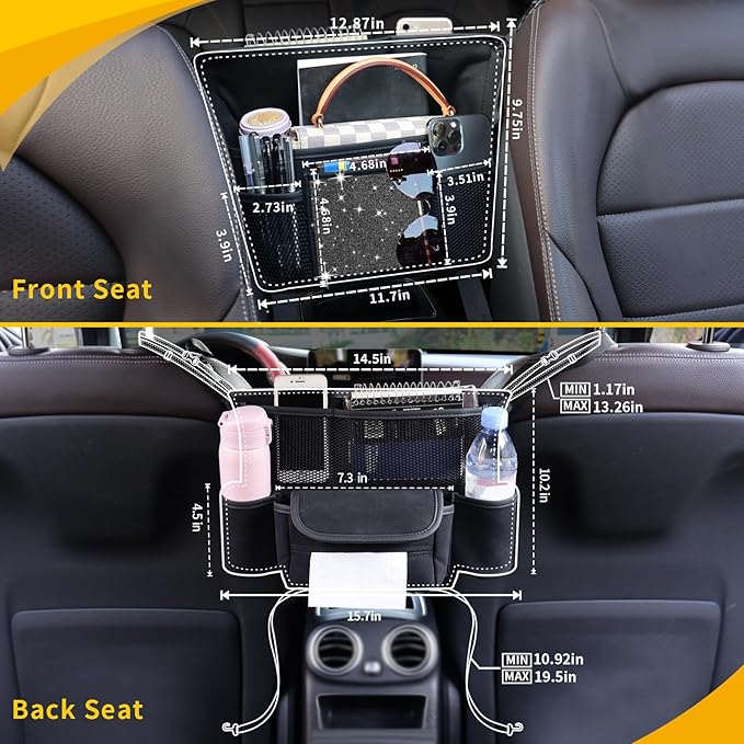 Black Diamond Car Handbag Holder Between Seats Bling Rhinestone Car Storage Bag Large Capacity Purse Phone Ipad Automotive Consoles Organizer Safe Barrier of Backseat Pet Kids…