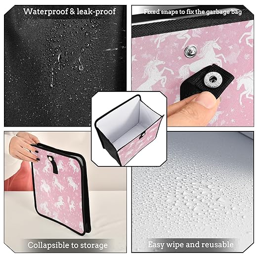 Car Trash Can Organizer Bin with Adjustable Strap for Back Front Seat Console Waterproof Leakproof Collapsible Portable 11 Inch Pink Unicorns Silhouette and Stars