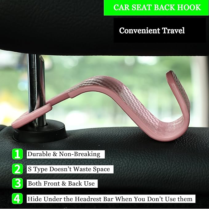 Amooca Car Seat Headrest Hook 4 Pack Hanger Universal Vehicle Car Storage Organizer for Handbag Purse Coat S Type Checkered Pink