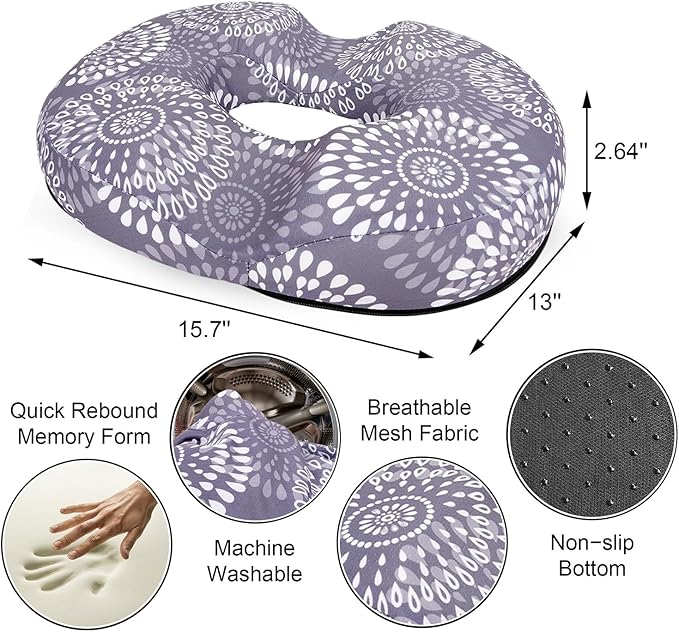 Donut Pillow for Hemorrhoids Seat Cushion for Tailbone Pain Relief - Grey Home Office Chair Cushion for Long Sitting Work - Memory Foam Car Seat Cushions for Driving Butt Pain Pressure