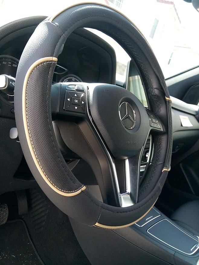 Jdragon Black + Beige Line PU Leather Best Grip Slip-On Steering Wheel Cover 14.25-15" Diameter