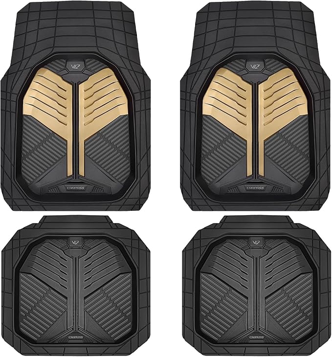 CAR PASS Heavy Duty Rubber Car Mats, Deep Dish Car Floor Mats All Weather, Car Mats Full Set 4-Piece Trim to Fit for Sedans SUVs Trucks, Waterproof Anti-Slip Automotive Mats, V12 Black Champagne Gold