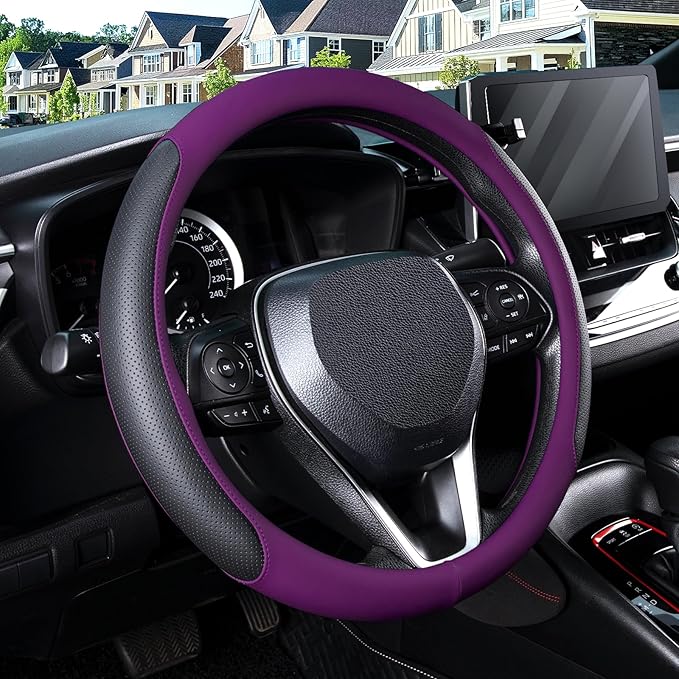 SEG Direct Steering Wheel Cover for 14.5-15 inch Wheels, Breathable PU Leather with Perforated Sides, Anti-Slip Grip, Universal Fit for Cars & SUVs, Black and Dawn Purple