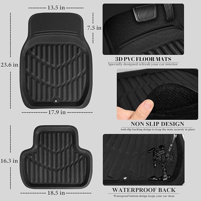 CAR PASS PVC Deep Dish Car Mats Full Set, Waterproof All Weather Luxury Faux Leather Car Floor Mats 4 Piece, Anti-Slip Universal Fit for Sedans Suvs Vans MiniTrucks,Durable & Easy Clean, All Black