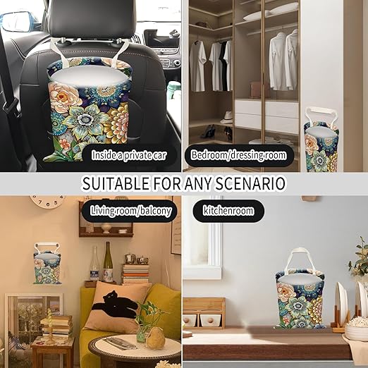 AUEKLLW Car Trash Can, Hanging Garbage Bin for Men and Women, Cute Car Organizer and Storage Bag, Canvas Vehicle Trash Can Bag Easy-to-Install Boho Colorful Floral
