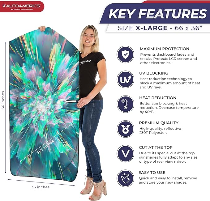 1-Piece Windshield Sun Shade - Foldable Car Front Window Sunshade for Cars SUV Truck Heat Blocker Visor Protector Blocks Max UV Rays and Keeps Your Vehicle Cool (X-Large = 66 x 36 inches, Shower)