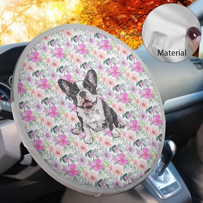 Retro Floral Boston Terrier Dog Pattern Washable Steering Wheel Sun Shade, Steering Wheels Accessories for Women Universal Block UV Rays Car Rudder Visor Fit Most Car SUV Truck Van