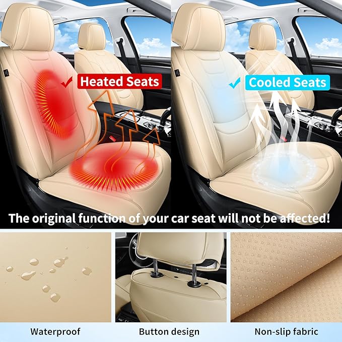 Gripure Car Seat Covers for Full Set – Waterproof & Breathable Faux Nappa Leather, 360° Wrap Design, Airbag Compatible, Lumbar Support, Perfect for Drivers Who Sweat-Breathable Design. – Beige