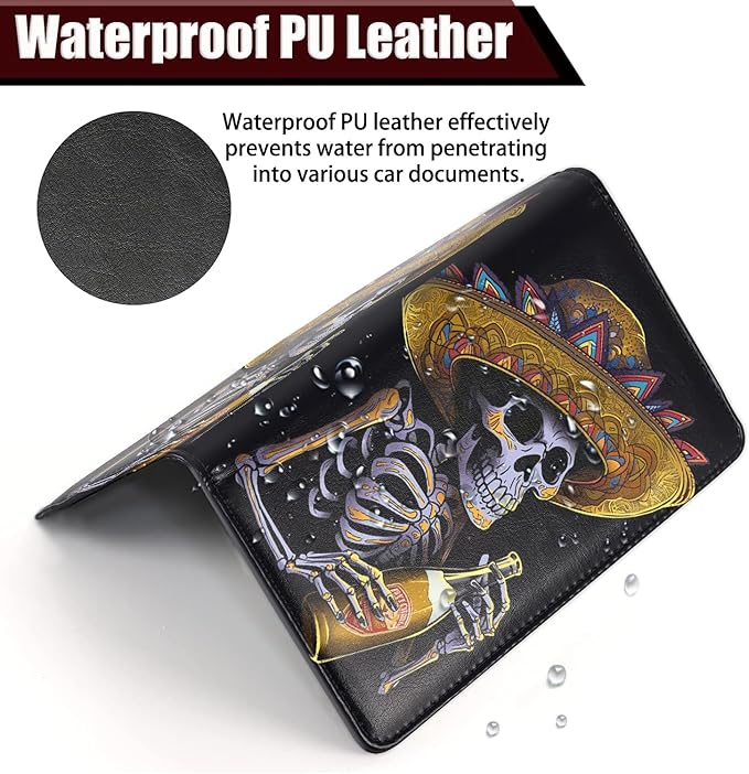 Car Registration and Insurance Holder, PU Leather Auto Document Holder for Men&Women, Vehicle Glove Box Compartment Organizer with Magnetic Shut for Driver's License, Mariachi Skull with Drink