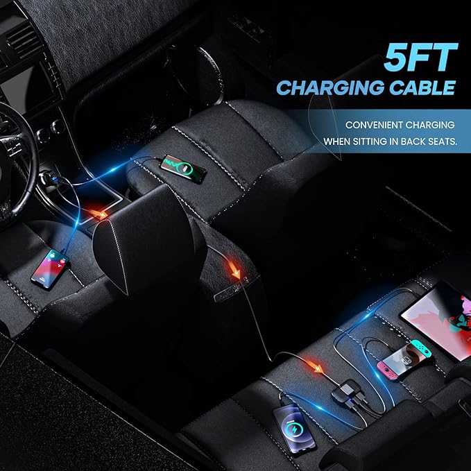 LENCENT 5 Multi Ports Type C Car Charger, 31W USB C Charger Adapter, Compatible for Samsung, iPhone, iPad, Voltage Detection, Multiple Cigarette Lighter Adapter with 5FT Cable for Back Seat Charging