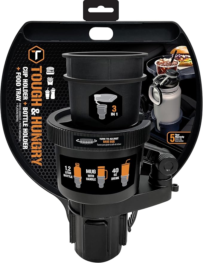 ToughTested Tough & Hungry Mega XL Cupholder Expander with Snap-On Extra Cupholder, Adjustable Food Tray, and Device Holder Slot – Fits XL Bottles & Cups, Ideal for Trucks, SUVs, RVs, Vans, and Cars