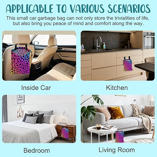 KXWQTRDD Car Garbage Bag Rainbow Cheetah Leopard Print Drawstring Car Trash Bag Hanging for Back Seat with Adjustable Buckle Canvas Vehicle Trash Can Easy-to-Install
