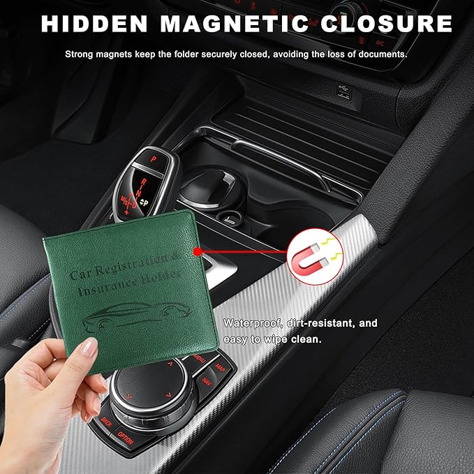 Car Registration and Insurance Holder, Waterproof Auto Glove Box Document Organizer with Magnetic Closure, Leather Car Document Wallet Case for ID Cards Driver License Paperwork (Dark Green)