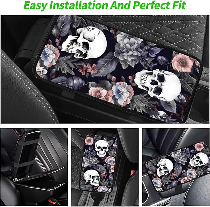 JANENFNA Car Armrest Cover Pads Universal Fashion Cute Auto Center Console Armrest Cover Pad with 2PCS Car Coasters Soft Waterproof Car Armrest Seat Protector for Women,Skulls Flowers