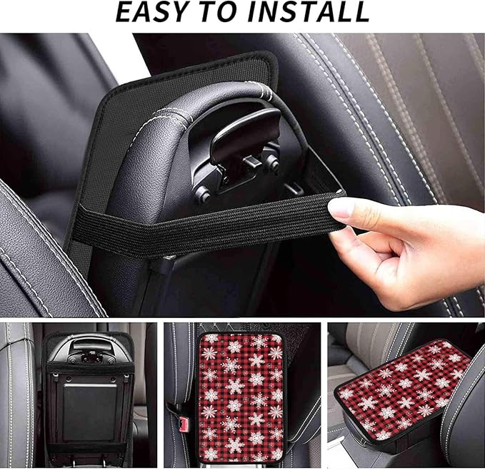 DORKEIXIA Snowflake Christmas Red Buffalo Plaid Auto Center Console Armrest Pad Universal Car Center Console Cover Seat Box Cover for Sedan, Van, SUV, Truck Car Accessorie