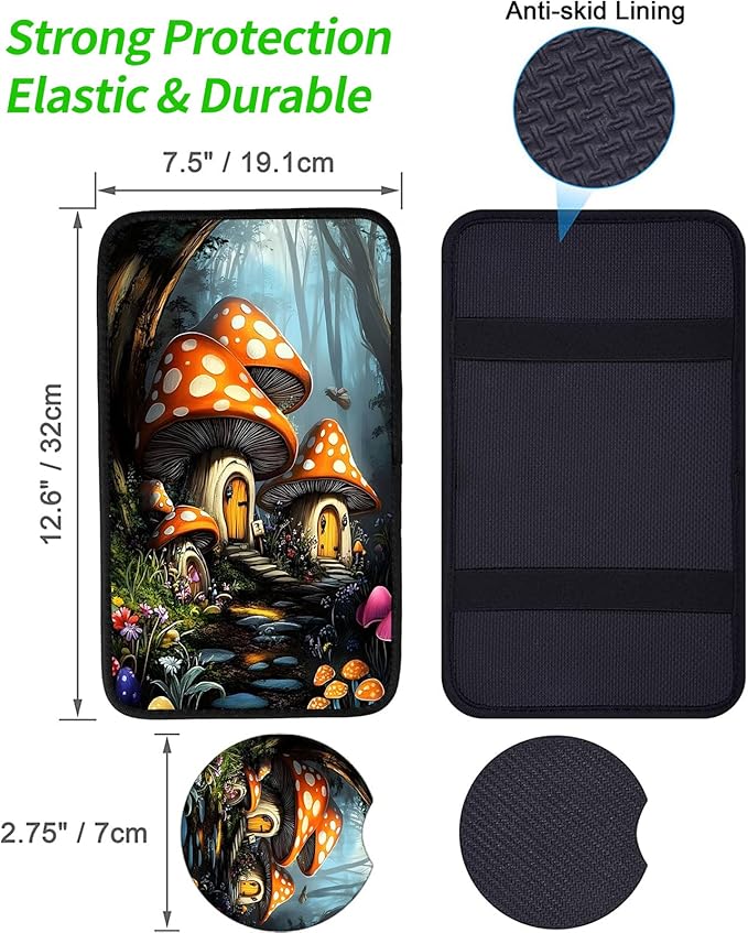 JANENFNA Car Armrest Cover Pads Universal Fashion Cute Auto Center Console Armrest Cover Pad with 2PCS Car Coasters Soft Waterproof Car Armrest Seat Protector for Women,Mushroom House