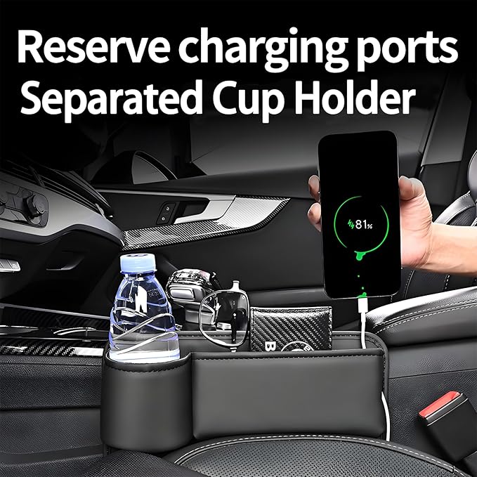 Car Seat Gap Filler Organizer, Universal Premium Leather Seat Organizer with Cup Holder, Seat Gap Storage Box with Bottle Holder, Car Leather Gap Bag Front Center Console Seat (Driver Side)