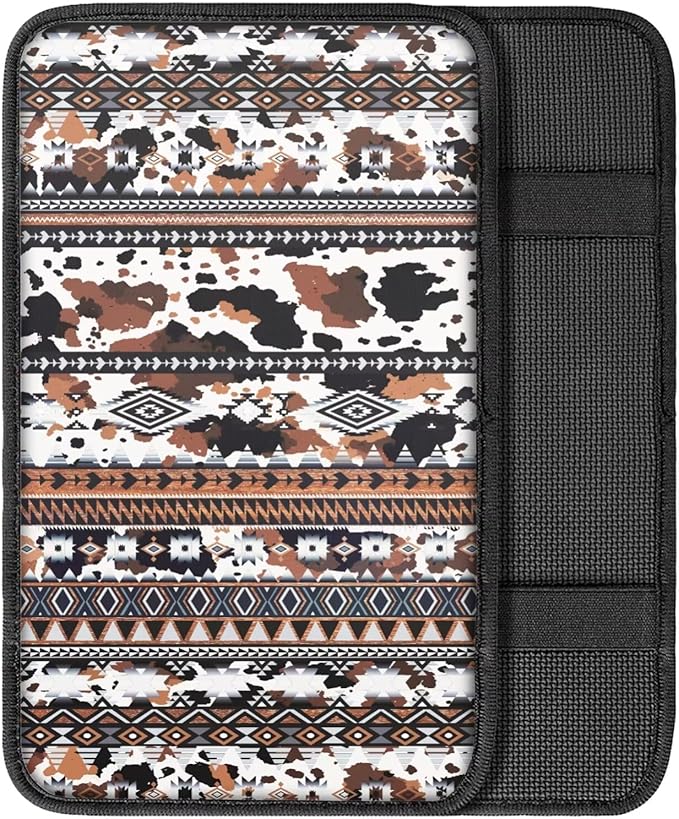 Horeset Aztec African Tribal Cow Print Center Console Armrest Cover for Men Women, Anti-Scratch Car Arm Rest Cover Pad Accessories Interior Decor