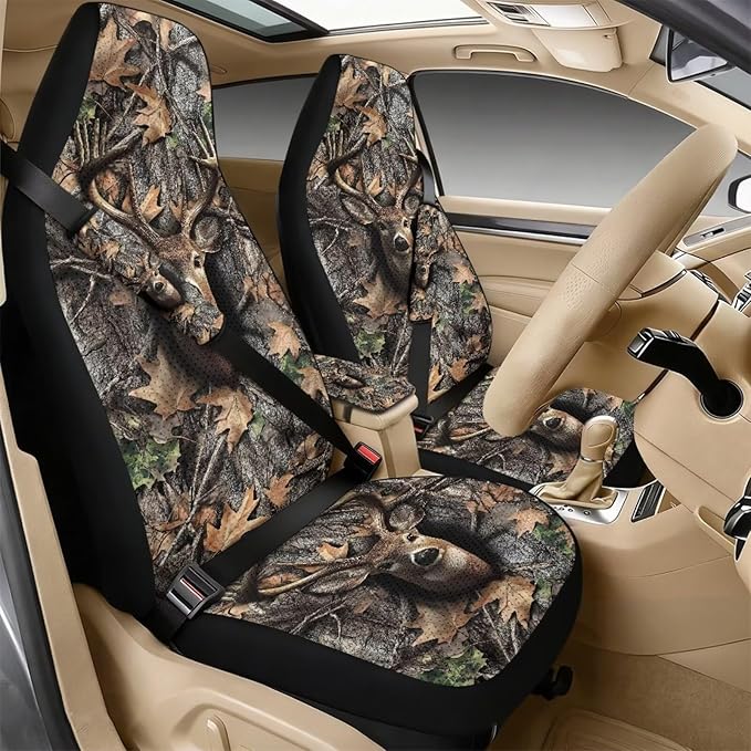 Qeluxign 5 Piece Car Seat Covers Full Set for Men Women Camouflage Deer Head PU Leather Front Seats Cover Auto Seatbelt Shoulder Pads Vehicle Center Console Armrest Cover