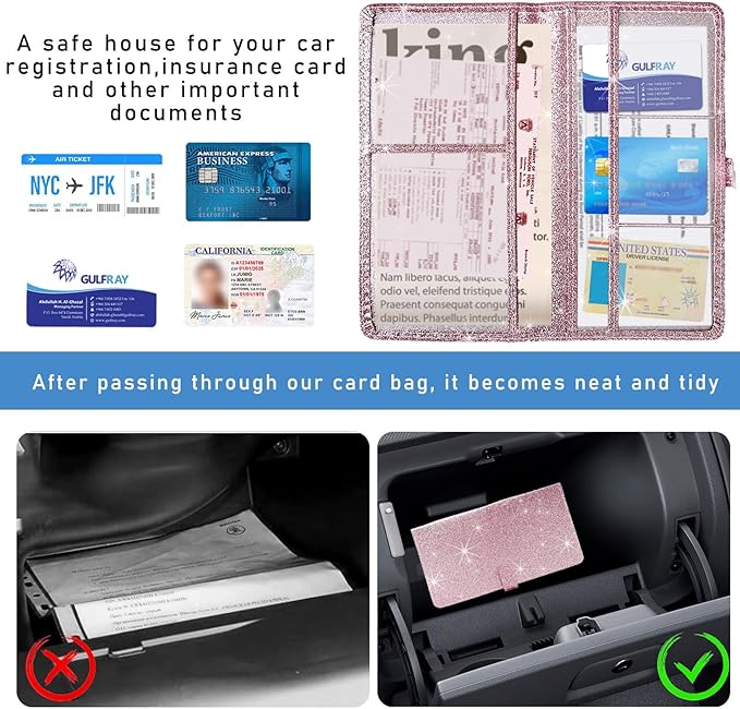 Ziciner Car Registration and Insurance Holder, Auto Card Document Glove Box Organizer with Magnetic Closure, Universal Vehicle Interior Accessories for Cars SUVs (Glitter Pink-Large)
