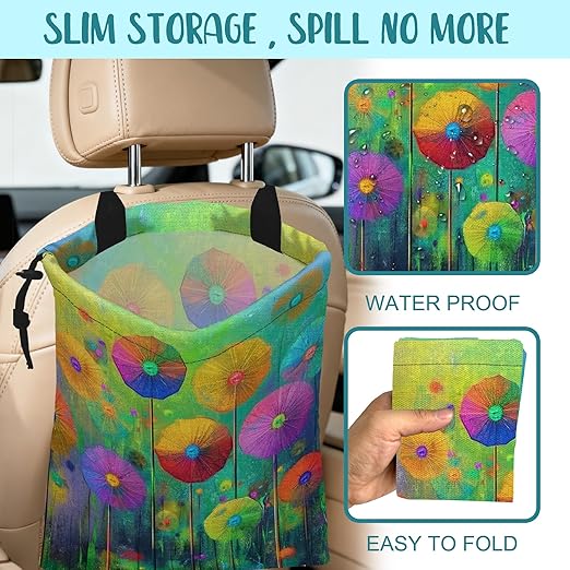 KXWQTRDD Car Garbage Bag Abstract Colorful Flowers Hanging Canvas Car Trash Bag Drawstring Car Back Seat Organizer for Car Back Front Seat Console with Adjustable Buckle