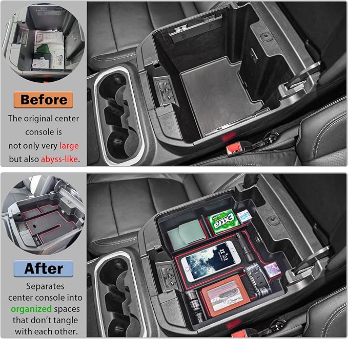 RUNROAD Center Console Organizer Tray Compatible with 2019-2022 Chevy Silverado 1500/GMC Sierra 1500 and 20-23 Silverado/Sierra 2500HD/3500HD Accessories, Full Console with Bucket Seats ONLY, Red