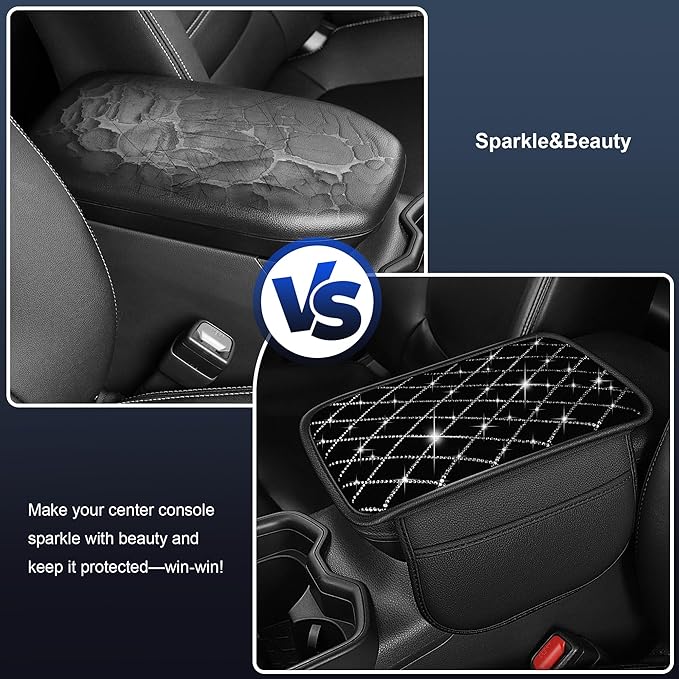 Bling Center Console Cover Fit for Infiniti Q50 2014-2024: with Quilting Pattern Crystal Rhinestone Automotive Armrest Cushion-Stylish Diamond Arm Rest Protection Mat(Black)